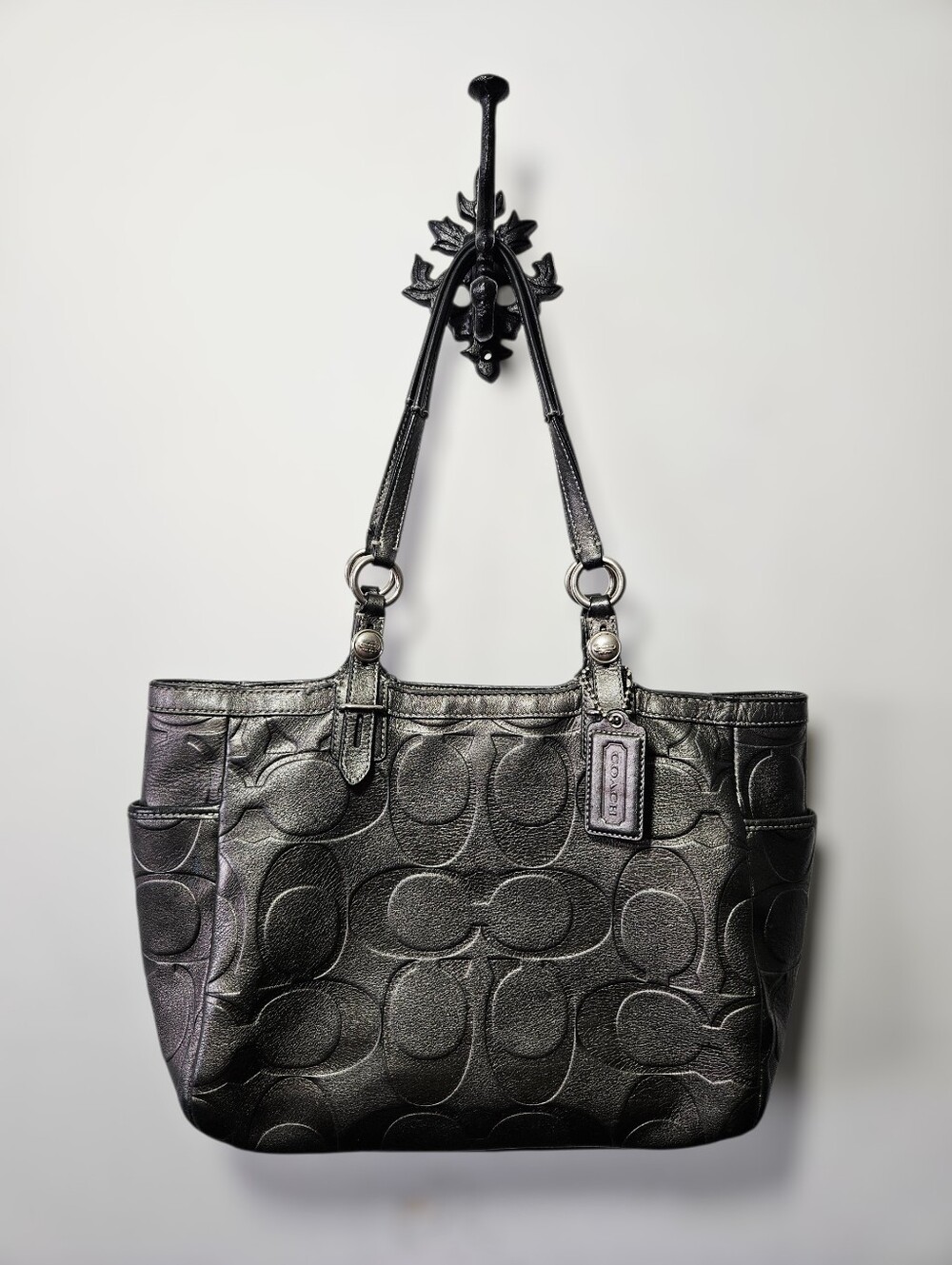 Coach Signature Embossed Shoulder Bag Gunmetal Grey Leather Tote Purse
